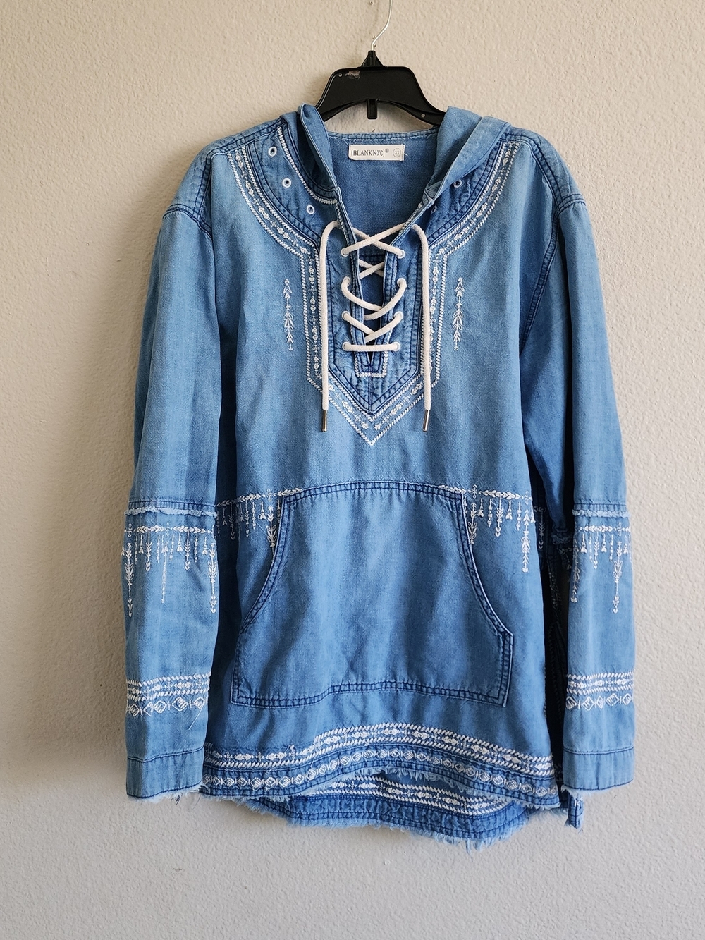 BLANKNYC Embroidered Denim Hooded Lace Up Boho Anorak Pullover Jacket XS